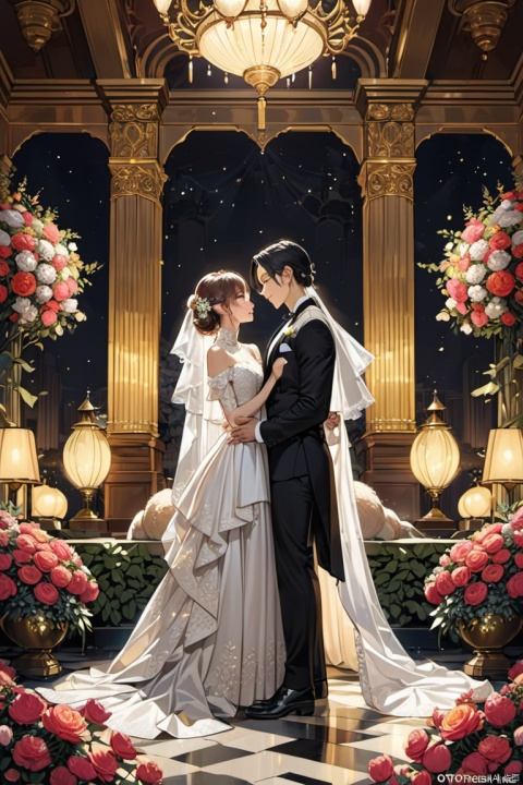 In a realistic and detailed painting, an elegant alpaca wearing a wedding veil and tuxedo tissue bowtie stands in a grand ballroom surrounded by flowers, gazing lovingly into another alpaca eyes, both enriched by glowing lanterns and golden spotlights while dressed in their finest attire, (masterpiece, best quality, perfect composition, very aesthetic, absurdres, ultra-detailed, intricate details, Professional, official art, Representative work:1.3)