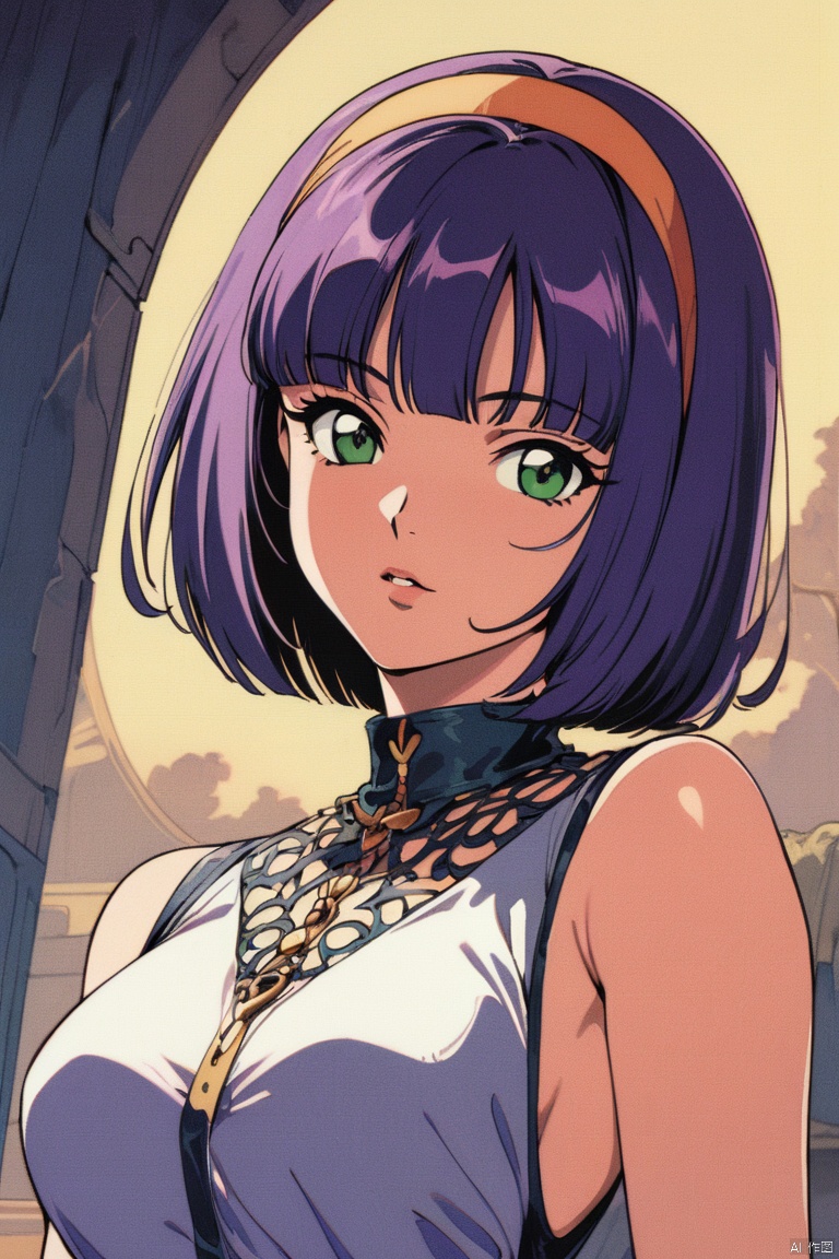  girl, Faye Valentine, bob cut, solo, green eyes, purple hair, hairband, retro artstyle, 1990s style, (masterpiece, best quality, perfect composition, very aesthetic, absurdres, ultra-detailed, intricate details, Professional, official art, Representative work:1.3)