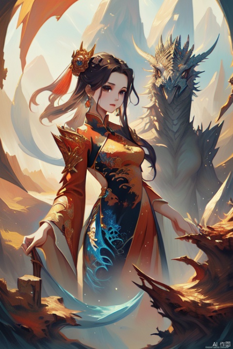 a chinese girl, dragon by side, royal dress, gorgeous, jewelry, earrings, hair ornament, wide sleeves, fantasy art, panoramic view, Ultra high saturation, (best quality, masterpiece, Representative work, official art, Professional, 8k:1.3)