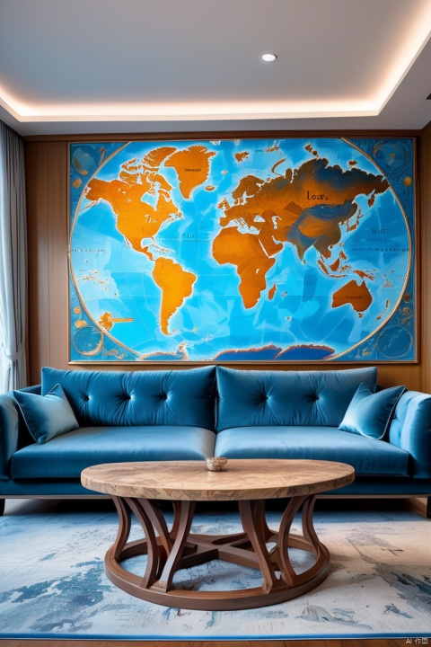 map board,Precise world map engraving,No studio lights,Subtle blue tones gradient,Subtle reflections on polished surfaces,Illuminating intricate carvings,on soft velvet cushions,Living room sofa, panoramic view, Ultra high saturation, (best quality, masterpiece, Representative work, official art, Professional, 8k)
