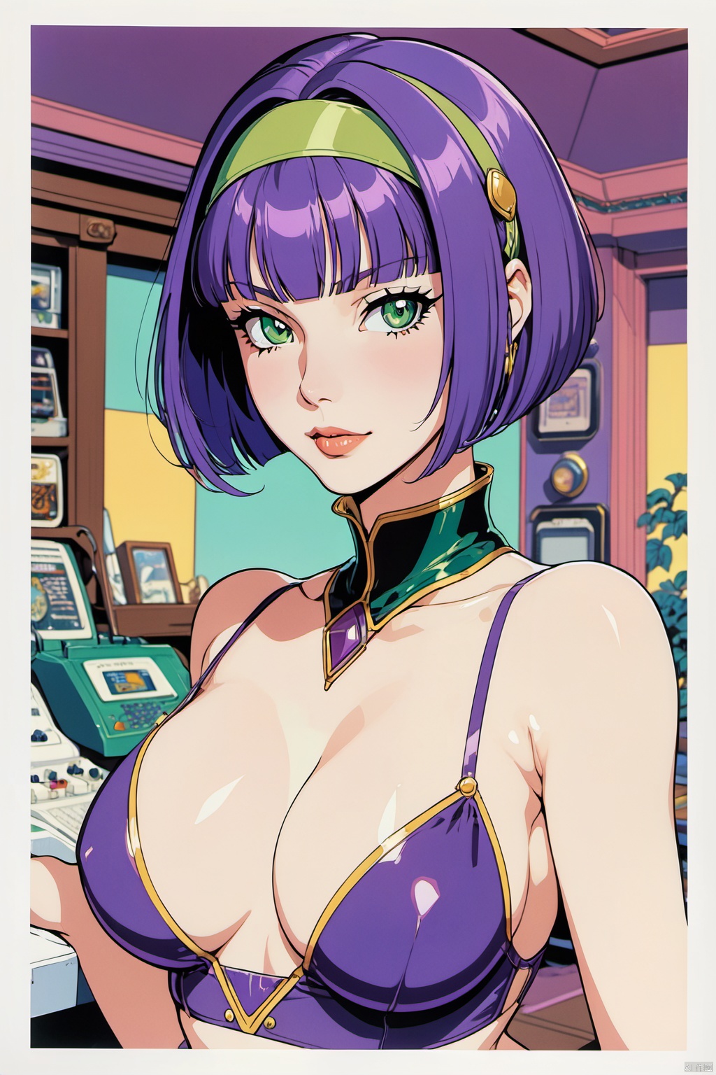  girl, Faye Valentine, bob cut, solo, green eyes, purple hair, hairband, retro artstyle, 1990s style, (masterpiece, best quality, perfect composition, very aesthetic, absurdres, ultra-detailed, intricate details, Professional, official art, Representative work:1.3)