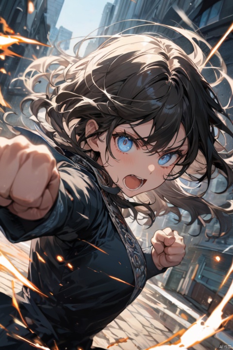 woman, upper body, beautiful eyes, sharpen picture, Highly detailed, (punching, rushpunch, clenched hands, motion blur, open mouth, looking at viewer, fighting stance, clenched hand, solo), city background, (masterpiece, best quality, perfect composition, very aesthetic, absurdres, ultra-detailed, intricate details, Professional, official art, Representative work:1.3)