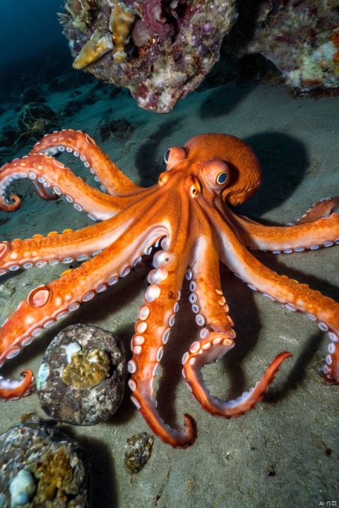 A large orange octopus is seen resting on the bottom of the ocean floor, blending in with the sandy and rocky terrain. Its tentacles are spread out around its body, and its eyes are closed. The octopus is unaware of a king crab that is crawling towards it from behind a rock, its claws raised and ready to attack. The crab is brown and spiny, with long legs and antennae. The scene is captured from a wide angle, showing the vastness and depth of the ocean. The water is clear and blue, with rays of sunlight filtering through. The shot is sharp and crisp, with a high dynamic range. The octopus and the crab are in focus, while the background is slightly blurred, creating a depth of field effect, (best quality, masterpiece, Representative work, official art, Professional, Ultra intricate detailed, 8k:1.3)