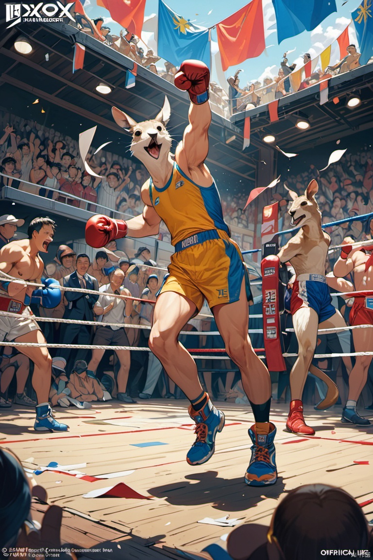 A captivating and vibrant illustration of an anime-styled boxing match between two kangaroos. The boxers wear red and blue boxing gloves, with bruises and cuts evident on their strong legs. The referee stands in the corner, keeping count. The boxing ring is set against a backdrop of a lively, excited crowd, with colorful banners and flags waving in the air. The composition is perfect, capturing the intensity and excitement of the moment. The overall atmosphere is filled with energy and **********, showcasing the resilience and spirit of the athletic kangaroos, (masterpiece, best quality, perfect composition, very aesthetic, absurdres, ultra-detailed, intricate details, Professional, official art, Representative work:1.3)