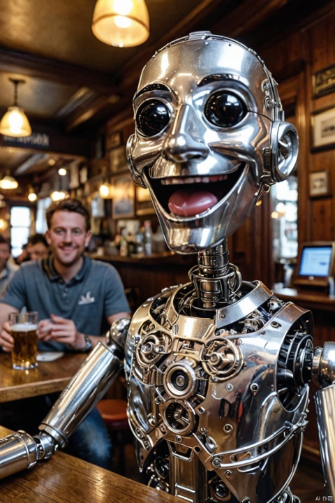 silver Mechanical Puppet, taken by go-pro, selfie, instagram, selfie with frineds, smiling, silver, titanium, reflecting, in a pub, (best quality, masterpiece, Representative work, official art, Professional, Ultra intricate detailed, 8k:1.3)
