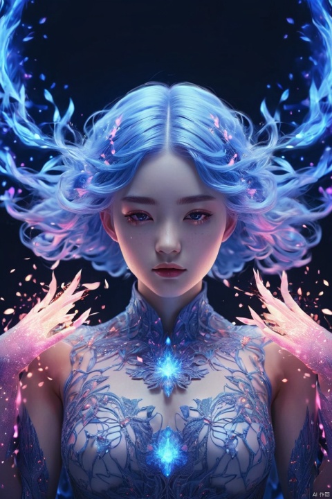 Symmetry, symmetrical, A female character with blue flame-like hair,with blue and pink particles flashing around her body,mysterious and aesthetically beautiful,elegant,fantasy,professional illustration,digital art,conceptual art,ethereal,magical flame effects, (best quality, perfect masterpiece, byyue, Representative work, official art, Professional, high details, Ultra intricate detailed:1.3)
