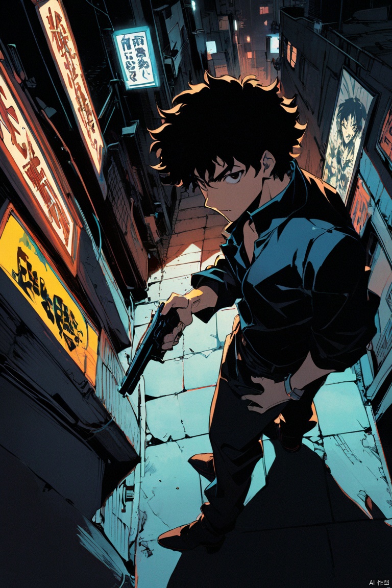 boy, Spike Spiegel, Cowboy Bebop, brown eyes, black hair, holding a handgun, backlit by neon, dynamic angle, dynamic pose, from above, back alley, neon light, dark, limited palette, (masterpiece, best quality, perfect composition, very aesthetic, absurdres, ultra-detailed, intricate details, Professional, official art, Representative work:1.3)