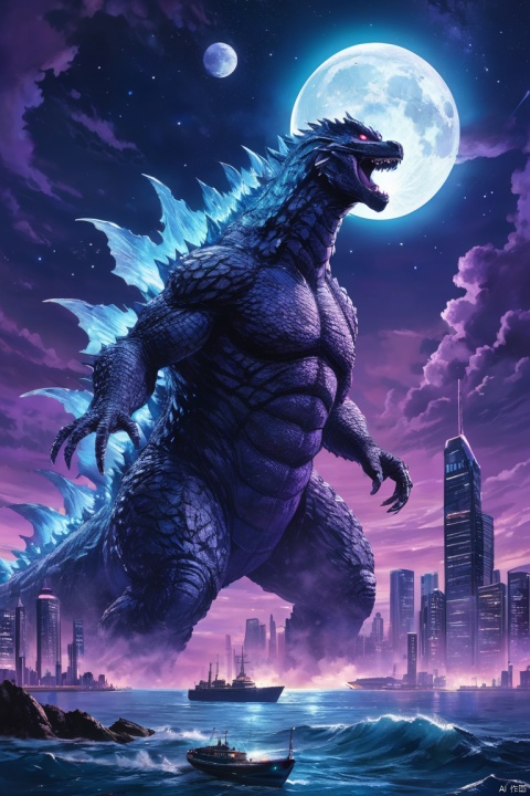 Godzilla , ocean,The backdrop is a futuristic city, science fiction style, blue and violet, bright, Sky background at night,There are many stars and a moon that splits in two. Super real photos, (masterpiece, best quality, perfect composition, very aesthetic, absurdres, ultra-detailed, intricate details, Professional, official art, Representative work:1.3)