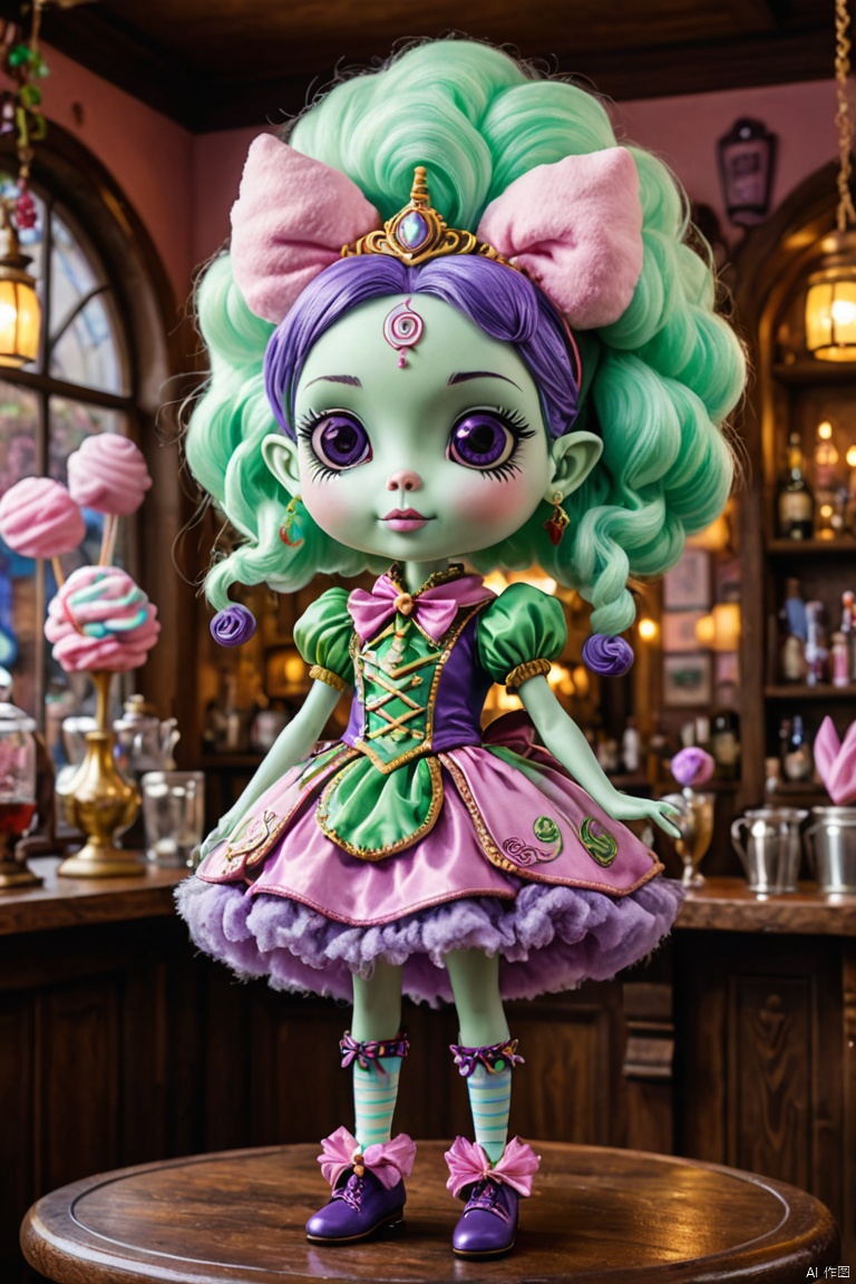 cottoncandy, an elegant benderbot made out of purple and light green cotton candy inside of a whimsical fairy pub, extremely cute, vibrant color, (best quality, masterpiece, Representative work, official art, Professional, Ultra intricate detailed, 8k:1.3)