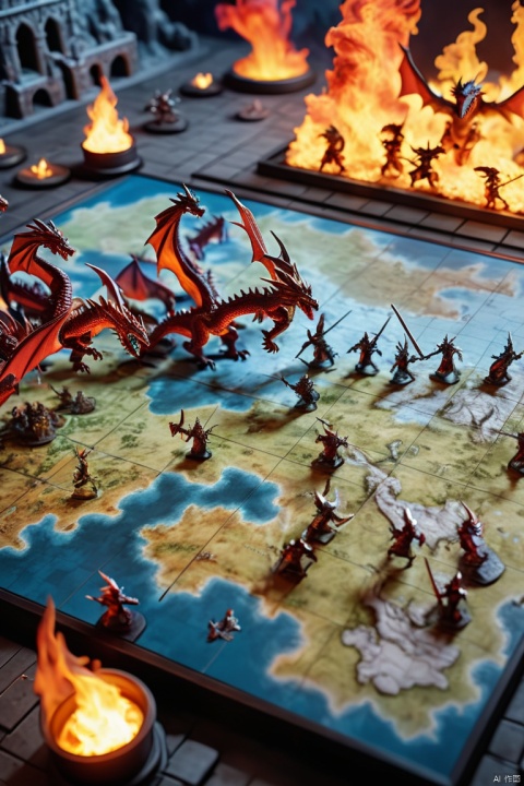 open map table of live action battle between fire breathing dragons miniatures, knights in shinning armor miniatures, fighting on a large scale grid map of fantasy world, 3D rendering, fantasy_world, cinematic lighting, soft light, silhouette, photorealism, colorful, panoramic view, Ultra high saturation, (best quality, masterpiece, Representative work, official art, Professional, 8k)