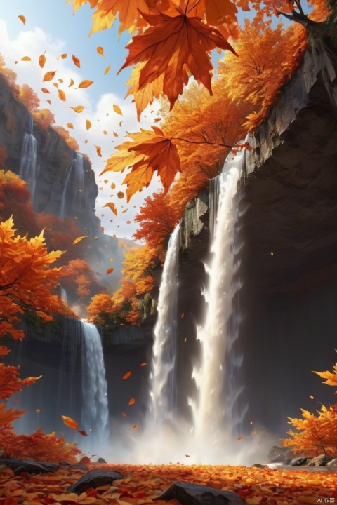 red orange gold autumn leaves drifting falling from the sky, waterfall, enhance, intricate, (best quality, masterpiece, Representative work, official art, Professional, unity 8k wallpaper:1.3), soil element