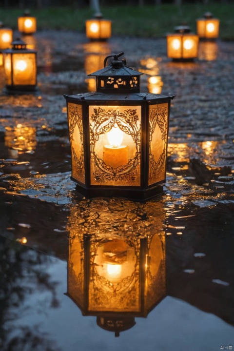 (Tyndall Effect:1.4), reflection of lanterns in a puddle, (best quality, masterpiece, Representative work, official art, Professional, Ultra intricate detailed, 8k:1.3)