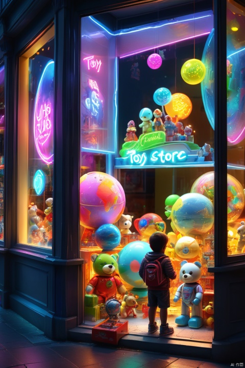 art by mooncryptowow, Interesting window display of Toy store,Creative window display,Display of several exquisite toys, Child looks into the window, Global illumination, Particle tracing, neon lights, octane render, enhance, intricate, HDR, UHD, (best quality, masterpiece, Representative work, official art, Professional, 8k wallpaper:1.3)