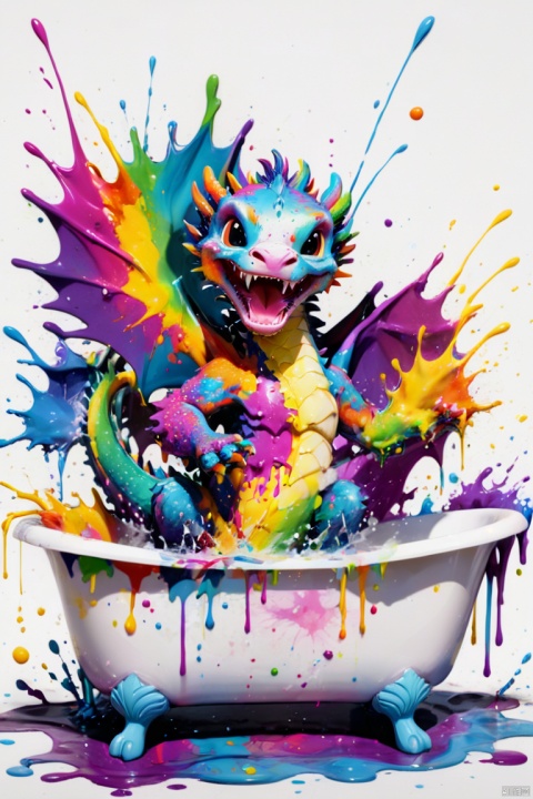  ink splatter painting,Cute dragon cub in bathtub,Energetic movement,Dynamic and powerful abstract art,rich colors,propylene,Vivid rainbow hues,Happy and lively atmosphere,Whimsical and dreamy,Spontaneous splashing,bold color contrast, panoramic, Ultra high saturation, (best quality, masterpiece, Representative work, official art, Professional, 8k)