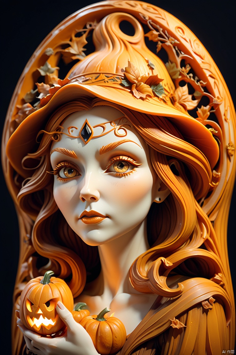 Lovely witch sculpture done in pumpkin carving in Art Nouveau style. Pumpkin carving pattern exquisite and intricate. Detailed decorative carving, clean lines, candle inside, ambient light, octane render, (best quality, masterpiece, Representative work, official art, Professional, 8k:1.3)