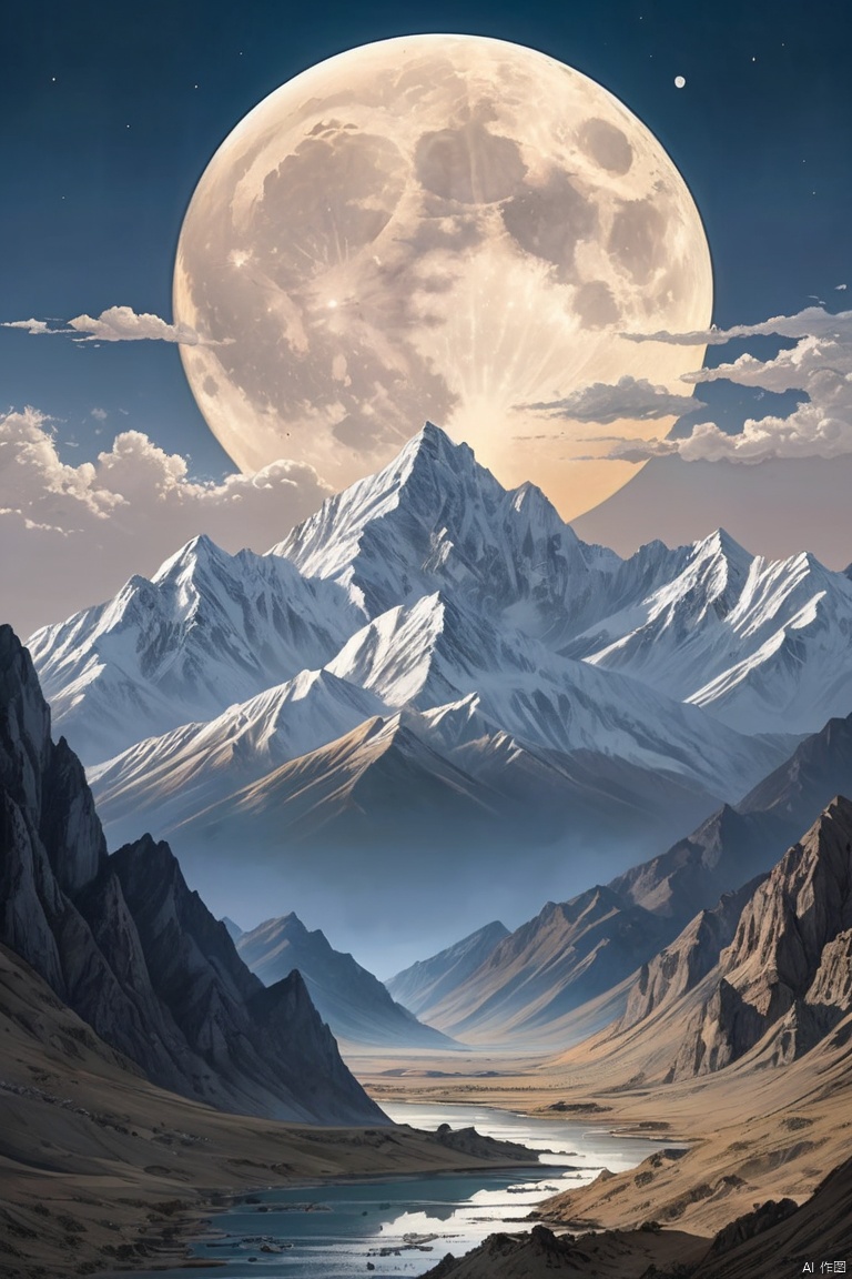A serene and majestic scene unfolds: A full moon rises above the towering Tian Shan mountains, its gentle light casting a silver glow on the wispy clouds that float lazily across the vast, open sky. The composition features a strong horizon line, with the moon taking center stage, surrounded by a sea of white clouds that seem to stretch out endlessly, (masterpiece, best quality, perfect composition, very aesthetic, absurdres, ultra-detailed, intricate details, Professional, official art, Representative work:1.3)