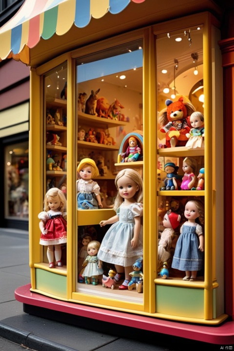 A magical toy store window display, vibrant and enchanting, filled with an array of toys and games, capturing the wonderment of childhood. The display features a variety of mediums, including intricate handcrafted wooden toys, porcelain dolls, and colorful plush animals. The toys are arranged in a playful manner, with a carousel spinning in the center and wind-up toys zigzagging across the shelves. The attention to detail is exquisite; the toys come to life with (best quality, ultra-detailed) craftsmanship. Every toy has its own unique personality, with (realistic, photorealistic) features that include delicate facial expressions and intricate clothing. The dolls have (beautifully painted faces) and (glass-like, shiny) eyes that sparkle with life. The wooden toys showcase the (fine grain of the wood) and have smooth finishes that invite touch. The window display is expertly lit, with (studio lighting) perfectly illuminating each toy. The scene is bathed in warm, inviting light, casting soft shadows that add depth and dimension to the display. The colors are (vivid and vibrant), with a playful mix of bright primary colors and soft pastels, drawing attention to the individual toys while creating an overall harmonious composition. As the viewers gaze at the display, they can almost hear the faint sound of music playing in the background, evoking a sense of nostalgia and joy. The display evokes a feeling of anticipation, as if at any moment the toys might come to life and embark on their own exciting adventures. With this prompt, Stable Diffusion will create a stunningly detailed and lifelike image of a Toy Store Window Display, capturing the magic and whimsy of childhood, (best quality, masterpiece, Representative work, official art, Professional, unity 8k wallpaper:1.3)