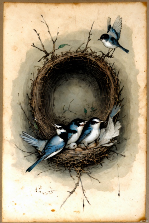 by Leonardo, "A nest of nightingales", draw on old parchment, ink