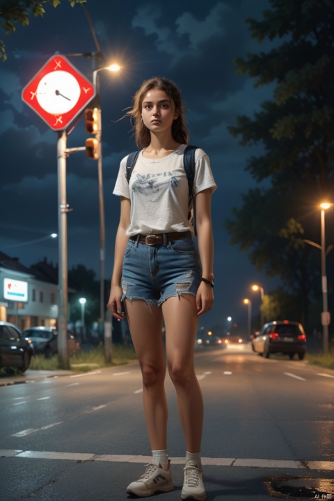 35mm photo of female college student at crossroads, by Jakub Rozalski, summer night, (High detail, photograph, realistic), (best quality, masterpiece, Representative work, official art, Professional, 8k:1.3)