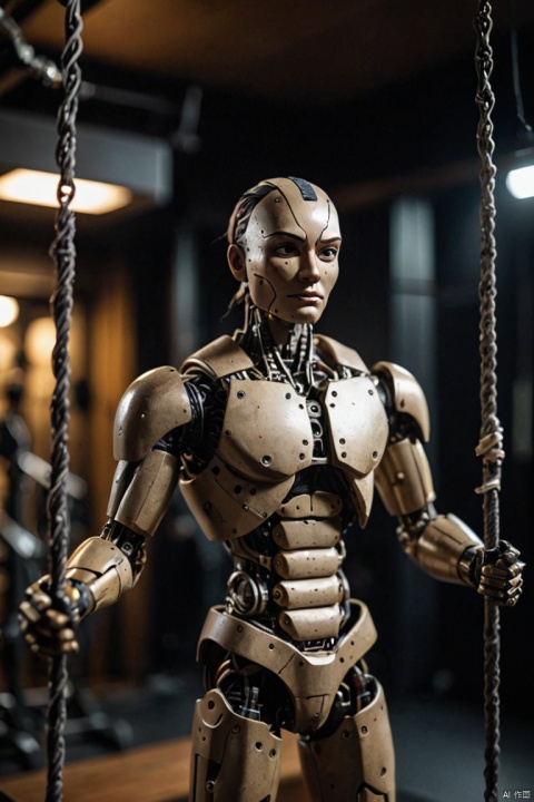 cinematic photo, focused Mechanical Puppet, dark gym backdrop, close-up, ambient gym lighting, shallow depth of field, Nikon D850, 1/160s, f/2.8, ISO 640, capturing emotion, athletic form, cinematic photorealistic, uhd, natural lighting, raw, rich, key visual, atmospheric lighting, (best quality, masterpiece, Representative work, official art, Professional, Ultra intricate detailed, 8k:1.3)