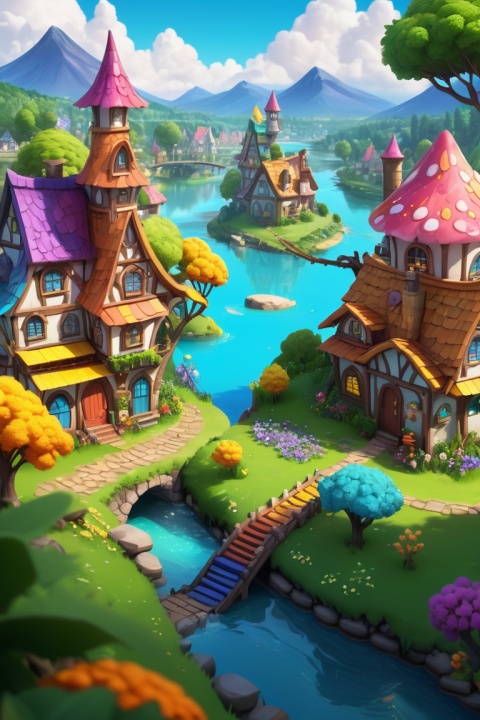 (Fairy Tale Town:1.2), (Strategy Game:1.4), Fairy Village, river made of Rainbow_Sugar and Honey, intricate, (best quality, masterpiece, Representative work, official art, Professional, unity 8k wallpaper:1.3)