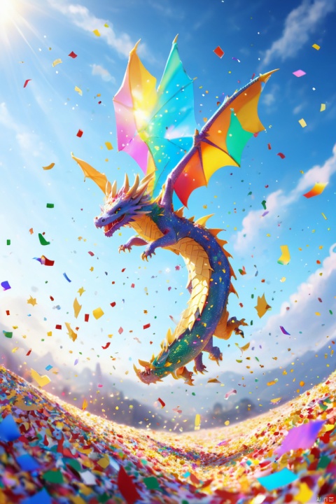 Colorful Confetti, cute Dragon flying on the Sky, Sunshine, Light Particles, panoramic view, Ultra high saturation, (best quality, masterpiece, Representative work, official art, Professional, 8k)