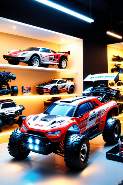 window display, at the entrance of the store, RC car and radio system, off road rc car lined up in an orderly manner, impressive Spotlight, (best quality, masterpiece, Representative work, official art, Professional, unity 8k wallpaper:1.3)