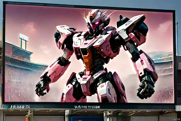 a mecha girl painted on screen of Baseball Stadium, Pink parted short hair, pink eyes, full-body pose, ad billboard, tv screen, panoramic, Ultra high saturation, bright and vivid colors, intricate, (best quality, masterpiece, Representative work, official art, Professional, 8k)