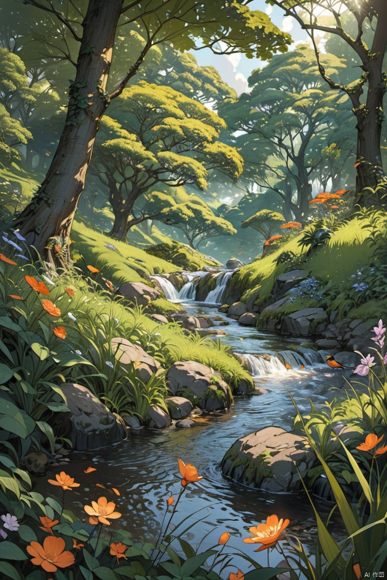 Alone by the edge of the secluded grass stream, there are deep trees chirping with orioles above, (masterpiece, best quality, perfect composition, very aesthetic, absurdres, ultra-detailed, intricate details, Professional, official art, Representative work:1.3)
