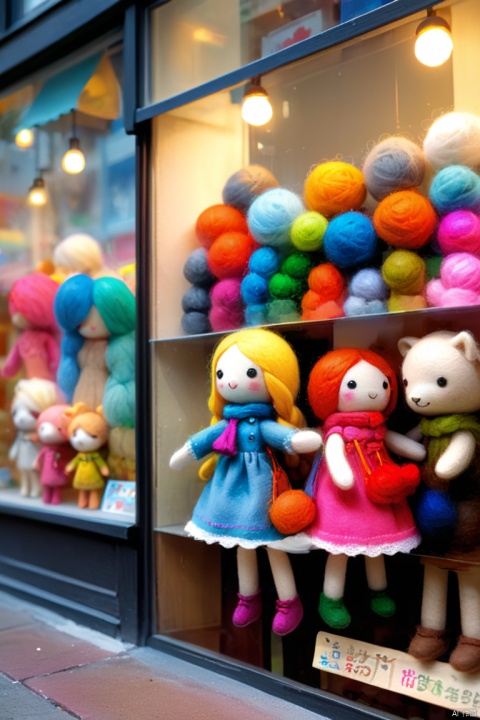 wool felt toys,Cute wool felt doll,(Displayed behind a transparent toy store window:1.2),atmosphere, （indoor：1.2）,（small toy：1.2）,Variations of the same toy,Warm light ultra-detailed painting, Extremely detailed description,major,Bright colors, HDR, UHD, (best quality, masterpiece, Representative work, official art, Professional, 8k wallpaper:1.3)