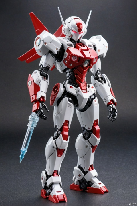 Blind box toy style, kawaii doll, translucent mechanical girl, Mechanical warriors contain a large number of electronic components, Luminous electronic eye. The mecha stands on the ground in a combat posture. white and red color scheme. (Ray tracing, Well-designed, high detail, ultra high definition), (best quality, masterpiece, Representative work, official art, Professional, Ultra intricate detailed, 8k:1.3)