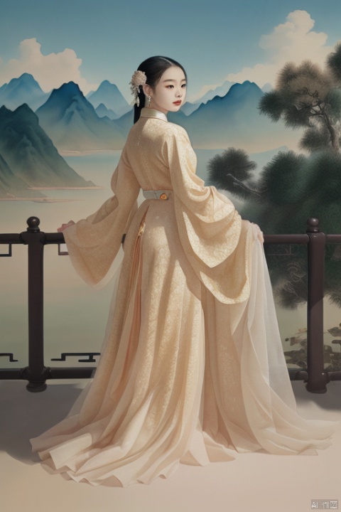 a chinese girl, dragon by side, royal dress, gorgeous, jewelry, earrings, hair ornament, wide sleeves, fantasy art, panoramic view, Ultra high saturation, (best quality, masterpiece, Representative work, official art, Professional, 8k:1.3), Leica 50mm f/1.9, watercolor