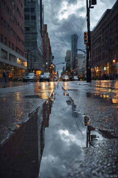 reflection, modern, city, streets, dark clouds, thunderstorm, heavy rain, puddles, reflection in puddles,, dramatic lighting, (best quality, masterpiece, perfect composition, very aesthetic, absurdres, ultra-detailed, intricate details, Professional, Representative work, official art:1.3)
