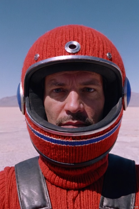 A movie trailer featuring the adventures of the 30 year old space man wearing a red wool knitted motorcycle helmet, blue sky, salt desert, cinematic style, shot on 35mm film, vivid colors, (best quality, masterpiece, Representative work, official art, Professional, Ultra intricate detailed, 8k:1.3)