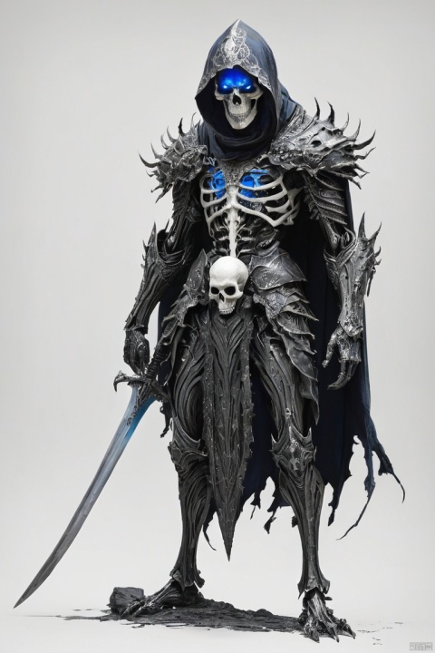 A striking black and white full-body sketch of an enigmatic, ancient Reaper-like creature. The figure has an abstract half-demon skull with fiery blue eyes and wears intricate medieval metal armor and a flowing cloak. The detailed sketch utilizes overlapping lines to create a textured, layered appearance. The Reaper-like creature's intense gaze and menacing sword pose command the viewer's attention, emanating a sense of brooding intensity. The simplistic white background accentuates the creature's dominance in the scene, while the overall atmosphere is dark and conceptual. The sketch exudes a sense of vibrant energy and destructive power, as if the creature is leaving a trail of chaos in its wake, painting, portrait photography, dark fantasy, conceptual art, illustration, (masterpiece, best quality, perfect composition, very aesthetic, absurdres, ultra-detailed, intricate details, Professional, official art, Representative work:1.3)