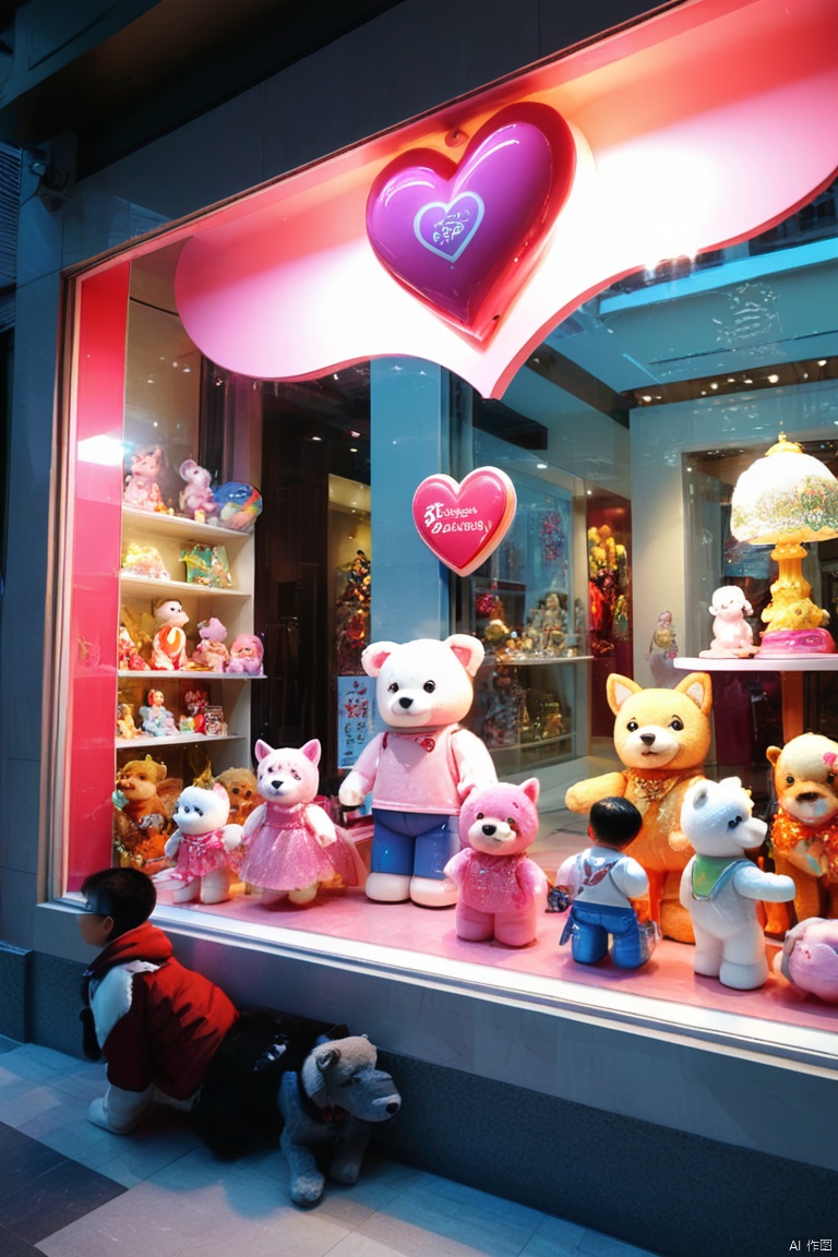 prominent display window,Bright lights can be seen through the windows, Various cute toys are displayed in the window,Detailed doll、Colorful building blocks、Colorful and diverse plush toys and sparkling electronic toys。Each toy exhibits unique features and design examples, Super realistic dog model、Mobile robots and modified cars。among other things,The most eye-catching one the big pink heart-shaped model,Exuding warmth and romance。The entire window display beautifully decorated,Walls and floors are made of high quality marble,Beautifully carved white wood for display tables and shelves,*********** high quality and sophistication。Showcase lighting effect excellent,second hand soft、warm light,Make every exhibit dazzling。looking from the outside,The entire toy store window like a window into a magical world,Attracted many passery to stop and watch,and are attracted to stores by them。The overall atmosphere full of fairy tale magic and joy,bring joy and joy to people。This picture very vivid and detailed,bright colors,It gives a feeling of vitality、Full of childlike feeling, octane render, enhance, intricate, HDR, UHD, (best quality, masterpiece, Representative work, official art, Professional, 8k wallpaper:1.3)