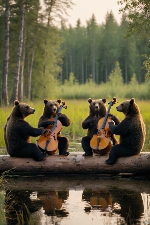 side shot quartet of bears semicircle (play classical music on classical instruments:1.3), in the swamp, In the evening, action, bottom view, 8k, F2.8, RAW Photo, (masterpiece, best quality, perfect composition, very aesthetic, absurdres, ultra-detailed, intricate details, Professional, official art, Representative work:1.3)