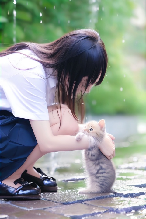 雨后的邂逅,细雨初停,湿润的石板路上,一位少女蹲下身,温柔地抚摸着一只突然出现的小奶猫,它湿漉漉的毛发逐渐干燥,眼神中透露出感激与依赖