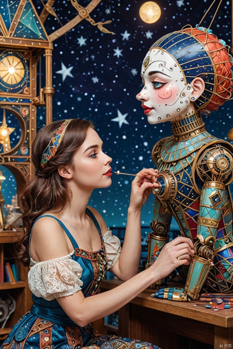 Magical starry sky. zentangle art deco style scene of a cute woman in a workshop fixing magical mechanical clown puppet , art deco style science fiction, magical art deco style future skyscrapers, full colored, (best quality, masterpiece, Representative work, official art, Professional, Ultra intricate detailed, 8k:1.3)