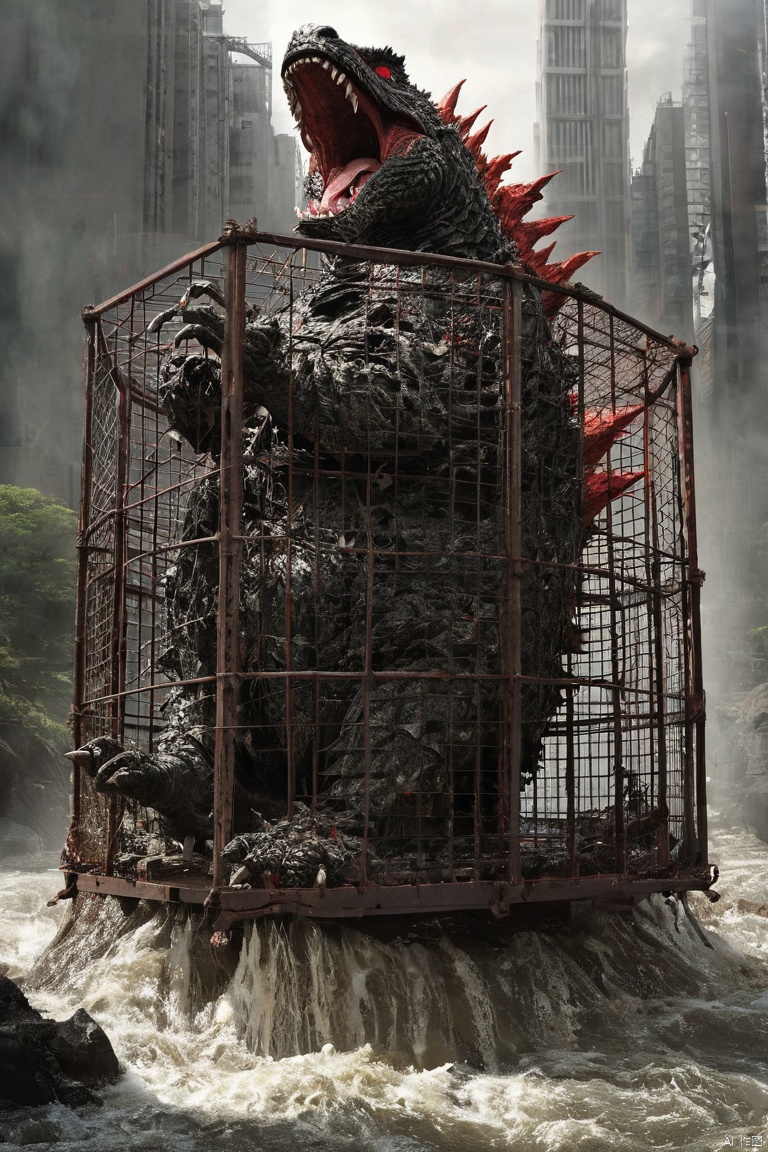 A huge iron cage has always been imprisoning 怪兽哥吉拉.Exploded,Monster Godzilla in a cage,hell,River of blood,frustrated,struggle, (masterpiece, best quality, perfect composition, very aesthetic, absurdres, ultra-detailed, intricate details, Professional, official art, Representative work:1.3)