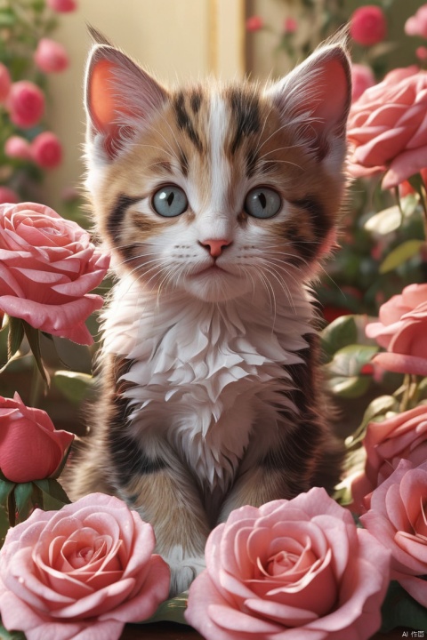 In this ultra-detailed CG art, Cute kitten surrounded by flowing roses, fantasy, adorable animal, (masterpiece, best quality, perfect composition, very aesthetic, absurdres, ultra-detailed, intricate details, Professional, official art, Representative work:1.3)