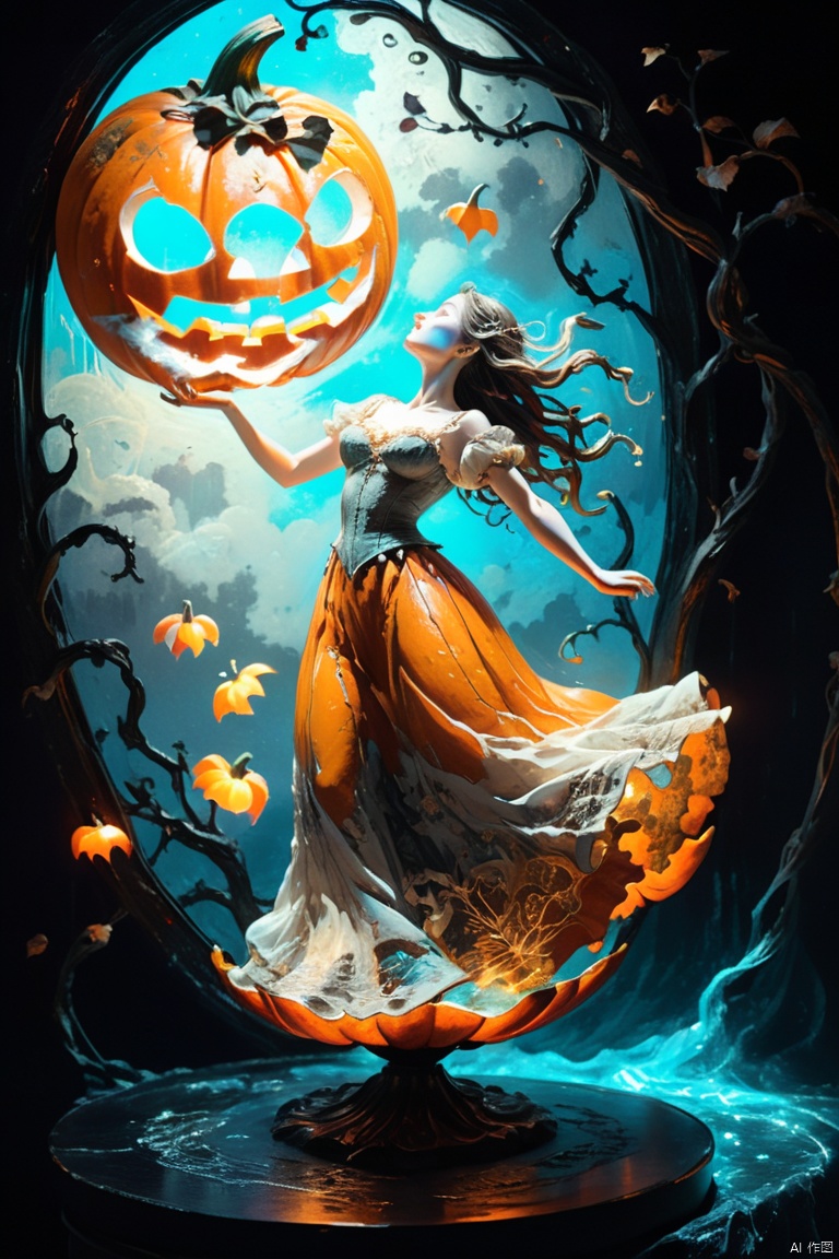 moonlight, (fantastic etching of engraving real-pumpkin-sculpture:1.3), (aquatint:1.3), ornament and dim black color back-glow, oppressive romantic representation, beyond the captive girl, early wind gently wrap around, fantastic atmosphere wrapped mysterious world, dark fantasy carousel, dim glow particle of around dance, beautiful flowing scenery, true paradise vision, petals flying around in a chaotic dance, with soft brushstrokes and dreamy colors. on the azure glass canvas, octane render, enhance, intricate, HDR, UHD, (best quality, masterpiece, Representative work, official art, Professional, 8k wallpaper:1.3)