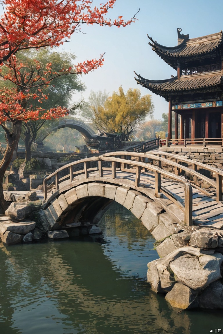 Ancient Chinese Bridge, Anhe Bridge, water, (masterpiece, best quality, perfect composition, very aesthetic, absurdres, ultra-detailed, intricate details, Professional, official art, Representative work:1.3)
