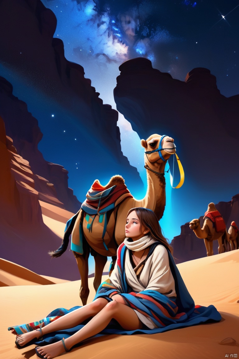 1girl, (resting with a camel), (looking up at the night sky), (nomad:1.2) (stylish outfit), wrapped in blanket, large backpack desert canyon, (high cliff), oasis, enhance, intricate, (best quality, masterpiece, Representative work, official art, Professional, unity 8k wallpaper:1.3)
