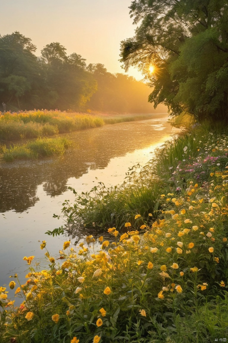 A serene riverbank landscape at dawn, bathed in soft golden light, teeming with life as hundreds of vibrant flowers bloom in harmony. Delicate petals unfurl, swaying gently to the warm breeze that stirs the earth. The air is filled with sweet fragrances as nature awakens from its slumber, painting a breathtaking tapestry of color and vitality.