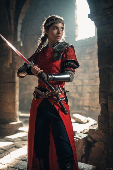 medieval setting,1girl,dynamic pose,shiny skin,holding weapon,glowing aura,in the depths of a gloomy dungeon,illuminated by divine light,perfect lighting,mysterious scenery, magical lighting, woman wearing red stsnwunf uniform with black pants,headband,determined,(Cool tone palette),Crisp clarity, (masterpiece, best quality, perfect composition, very aesthetic, absurdres, ultra-detailed, intricate details, Professional, official art, Representative work:1.3)