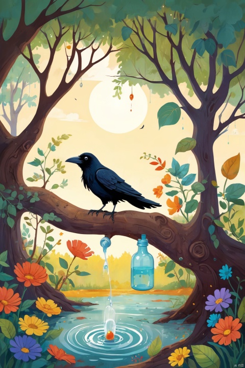 a scene from a children book,In a fairytale setting,A cute crow trying to figure out how to drink water from a bottle,This scene is whimsical,Full of color and vibrant details,This is typical of children storie,The environment is characterized by unique trees,Featuring bright skies and magical elements,Bright colors,The crow has an exaggerated,cute features,Attractive to young readers,The background should capture the essence of an interesting and fascinating story, (masterpiece, best quality, perfect composition, very aesthetic, absurdres, ultra-detailed, intricate details, Professional, official art, Representative work:1.3)
