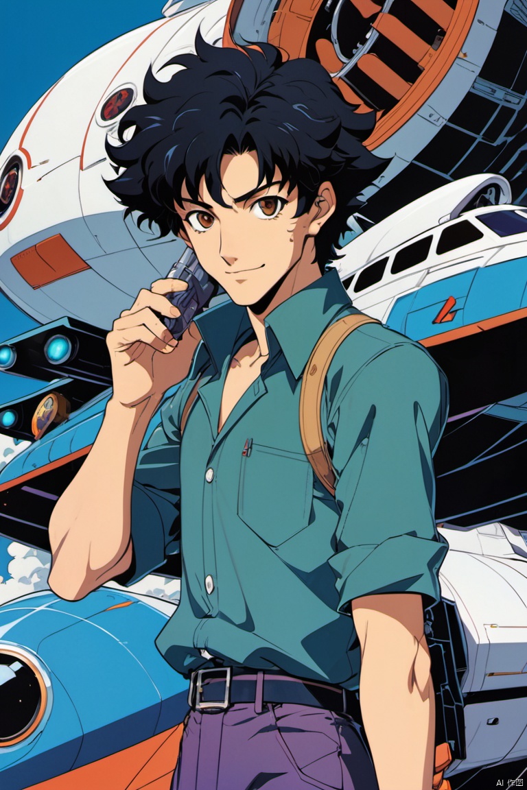  boy, Spike Spiegel, Cowboy Bebop, brown eyes, smile, black hair, cbbebop, cbbebop spaceship, retro artstyle, 1990s style, oldest, disheveled hair, (masterpiece, best quality, perfect composition, very aesthetic, absurdres, ultra-detailed, intricate details, Professional, official art, Representative work:1.3)