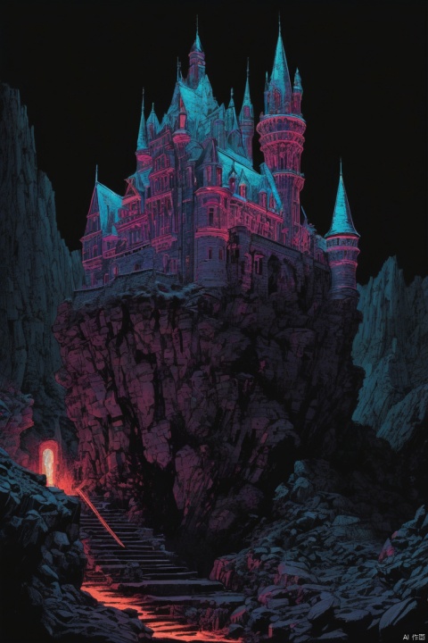 thermal iridescent glowing castle in the abyss black night void, castle architecture, wordless, in the style of the comic Karmen, accurate precise , rotoscope hand painted animated hyperrealism style, splash page decompressed comic cover art, ink style ((expressive Joelle Jones and "Sean Gordon Murphy" comic drawing)), wordless, cinematic poster, double exposure, optical illusion, image within image, abyss void black no visibility darkness, ((colors, bleak muted deep radiant glowing ROYGBIV), craftsmanship nuance, (Gerardo Zaffino charcoal), (masterpiece, best quality, perfect composition, very aesthetic, absurdres, ultra-detailed, intricate details, Professional, official art, Representative work:1.3)