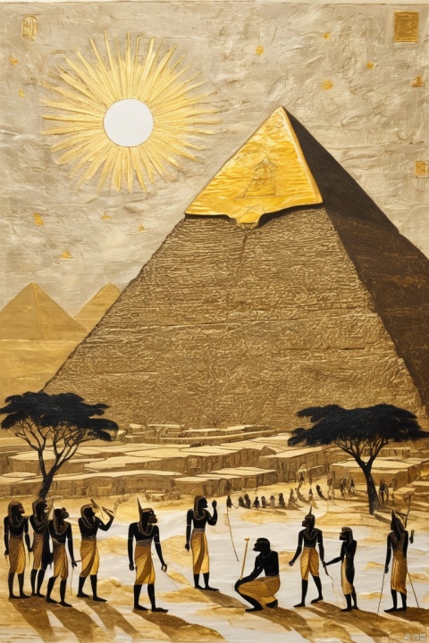 Gold Art, unique painting painted in black graphite and gold leaf on a white background, depicts an ancient Egyptian landscape with black people worshipping the golden pyramid and the golden sun, textured paper, (masterpiece, best quality, perfect composition, very aesthetic, absurdres, ultra-detailed, intricate details, Professional, official art, Representative work:1.3)